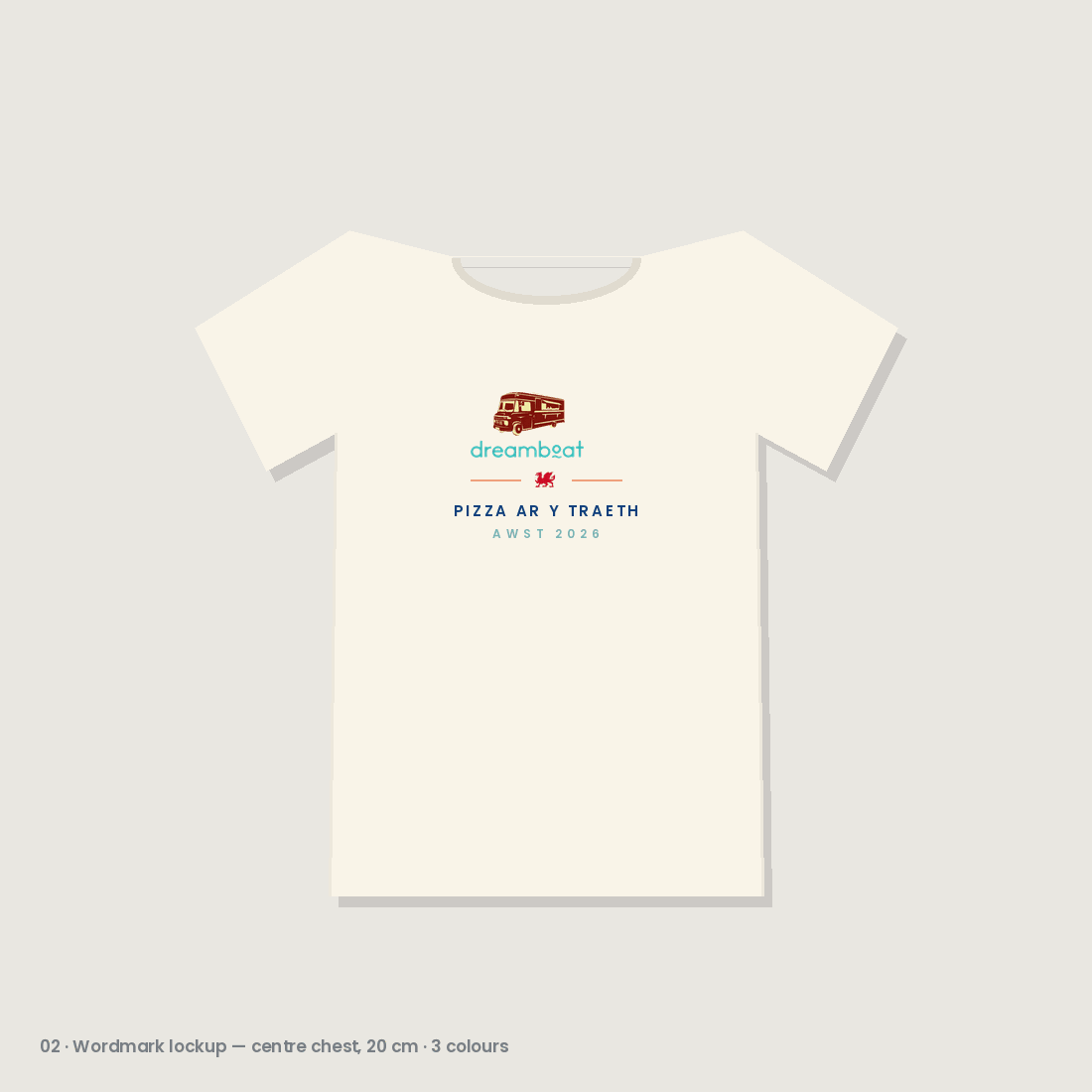 Cream t-shirt with the Dreamboat van and wordmark and Pizza ar y Traeth beneath